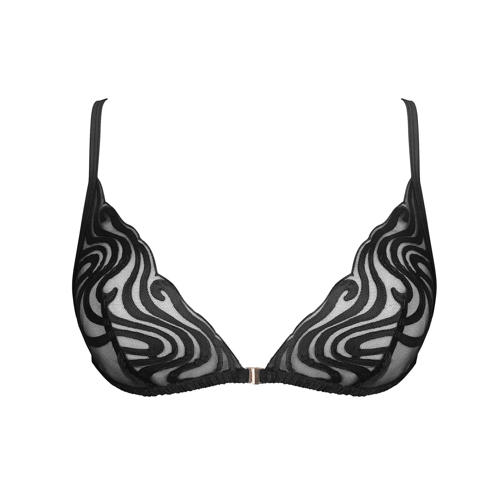 Black tulle embroidered triangle bralette, front closure and adjustable straps