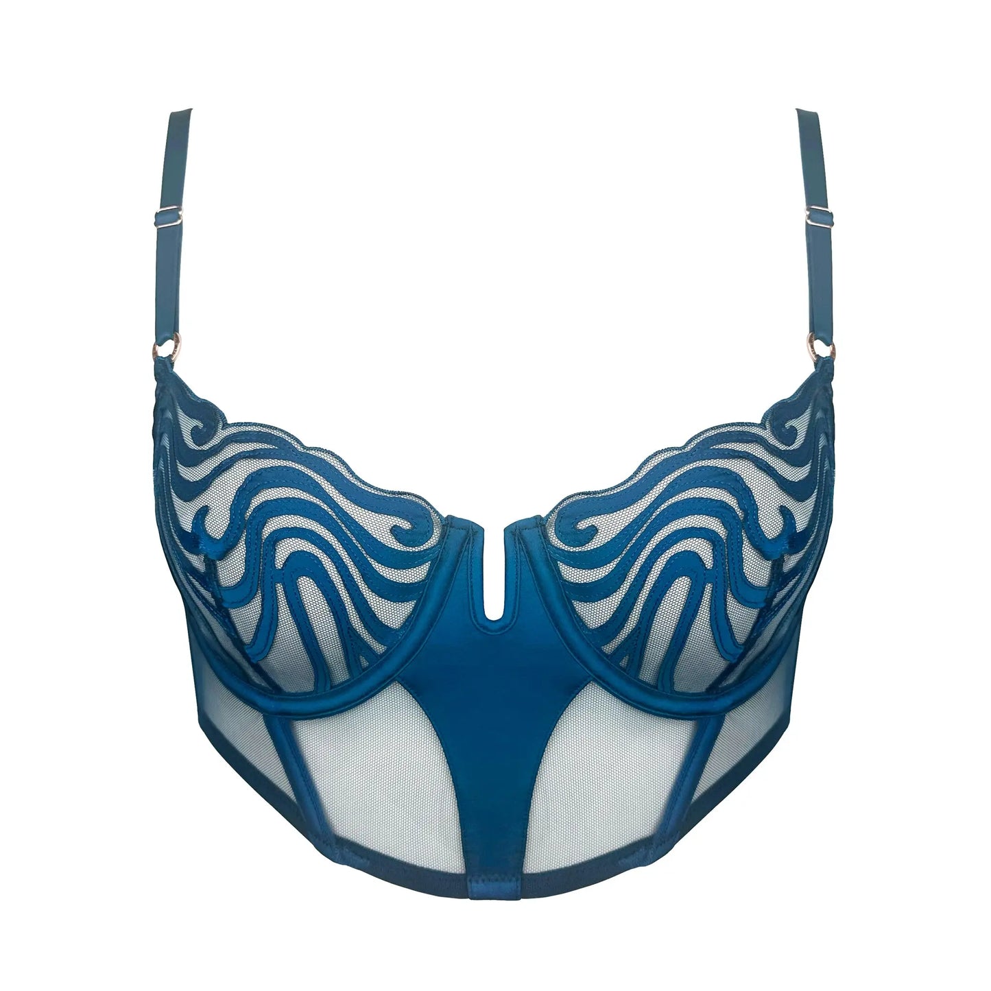 Blue tulle embroidered bustier with flexible underwire and adjustable straps and back closure