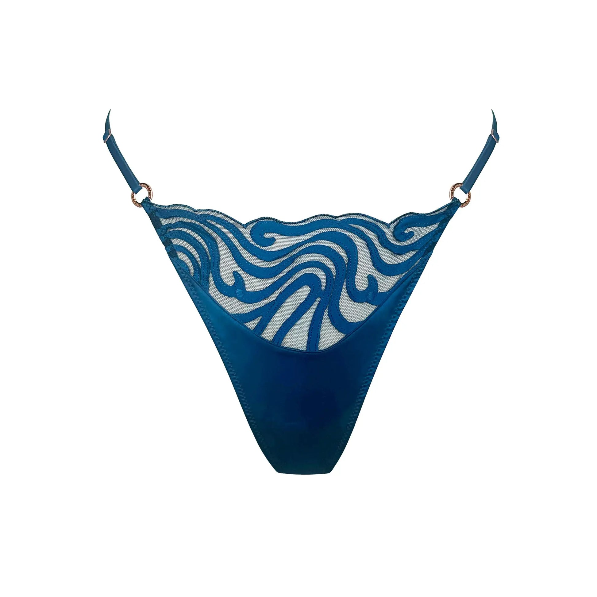 Blue tulle embroidered thong with adjustable waist straps