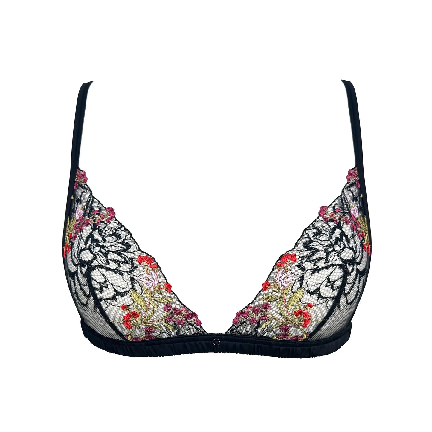 Black floral embroidered wireless triangle bralette with adjustable straps and back closure
