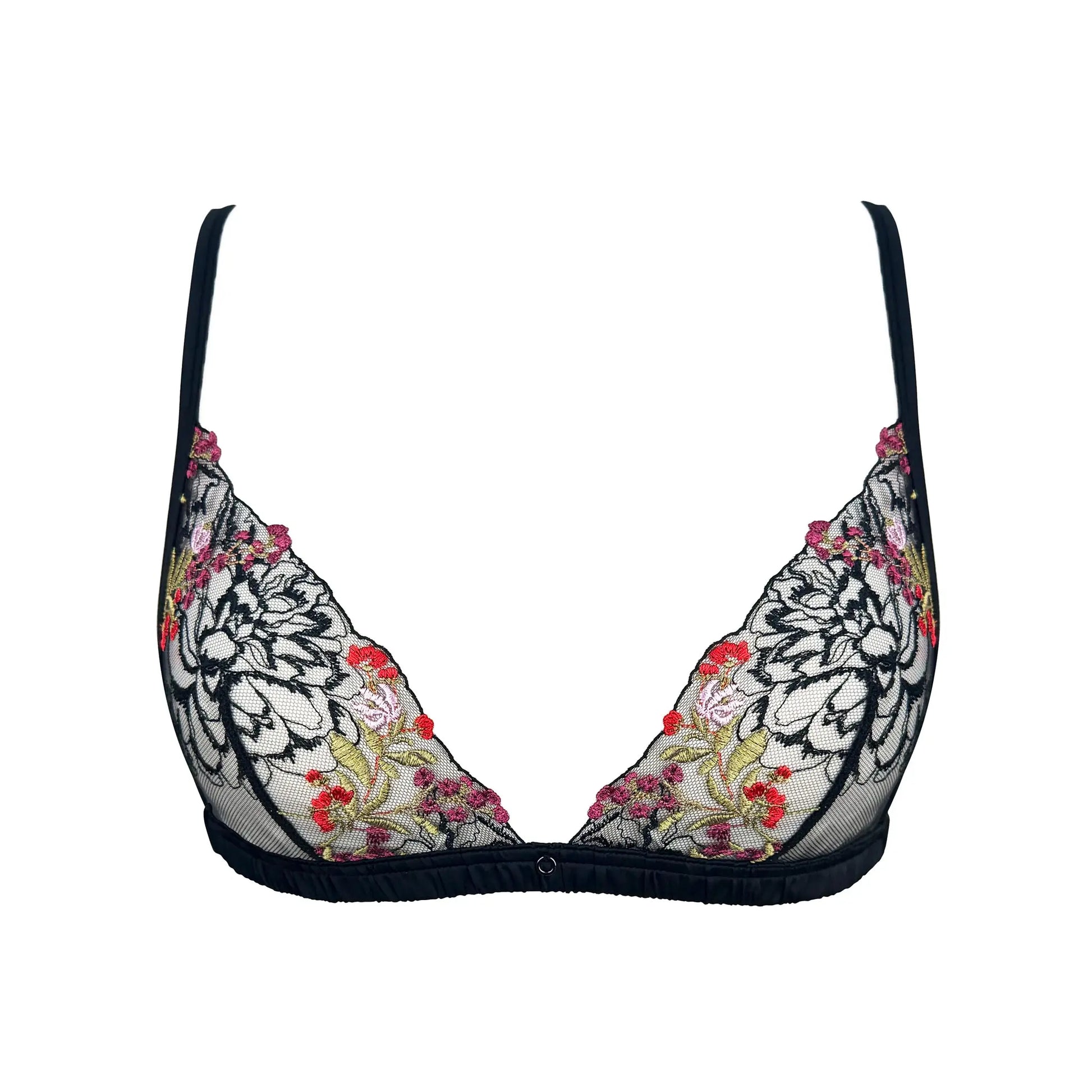 Black floral embroidered wireless triangle bralette with adjustable straps and back closure