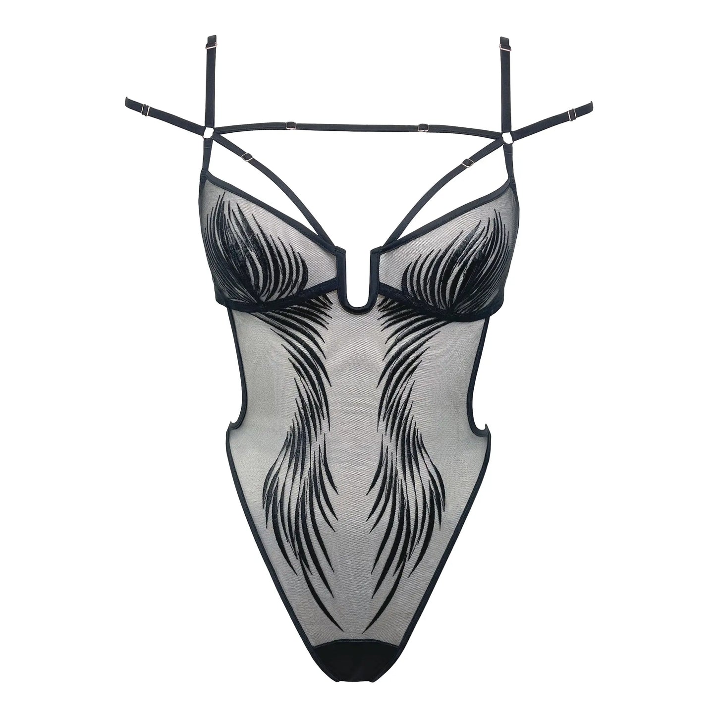 Black rigid tulle bodysuit with liquid shine effect embroidery with adjustable straps