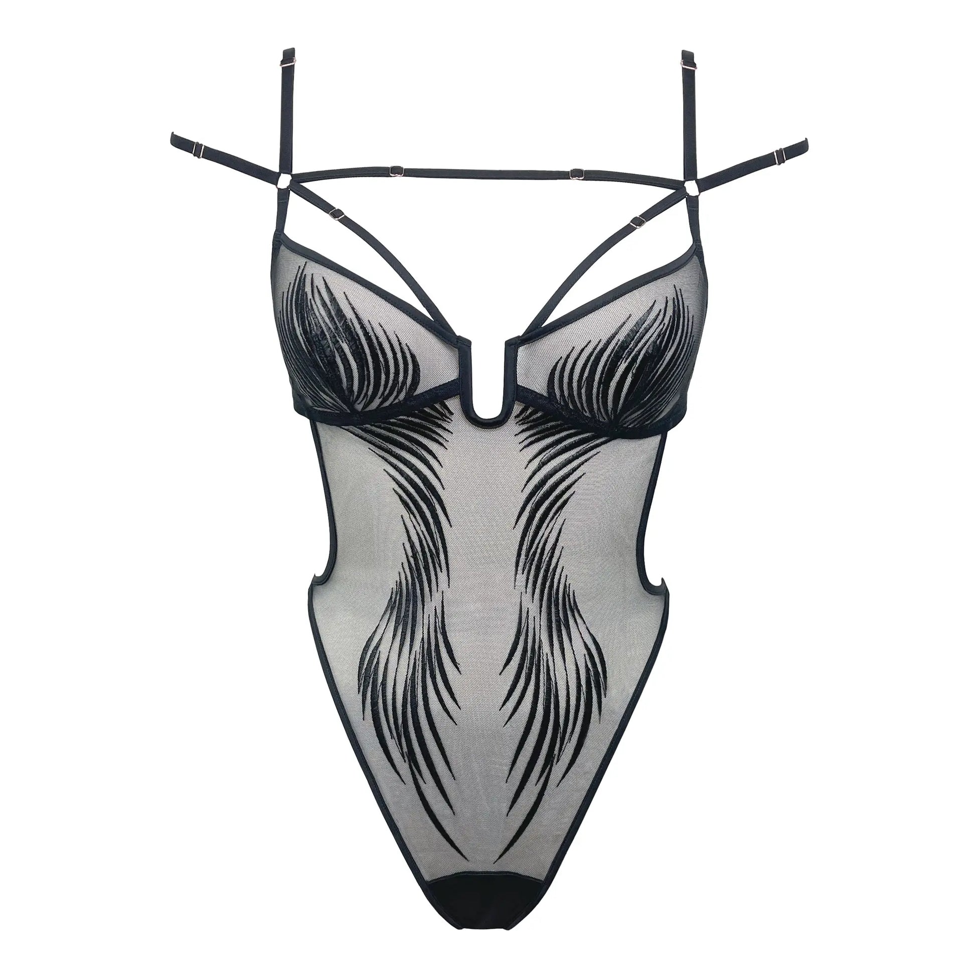 Black rigid tulle bodysuit with liquid shine effect embroidery with adjustable straps