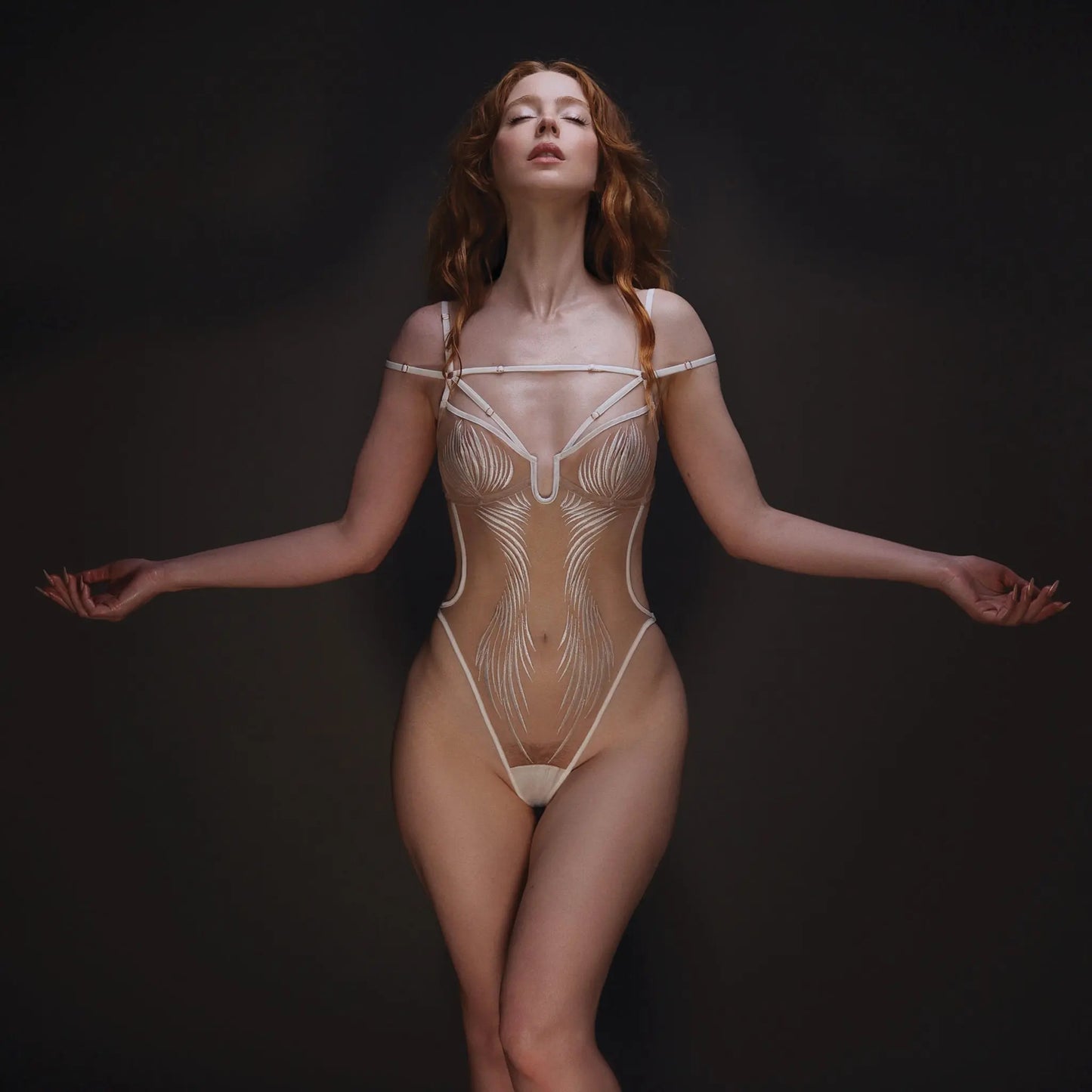 White rigid tulle bodysuit with liquid shine effect embroidery with adjustable straps