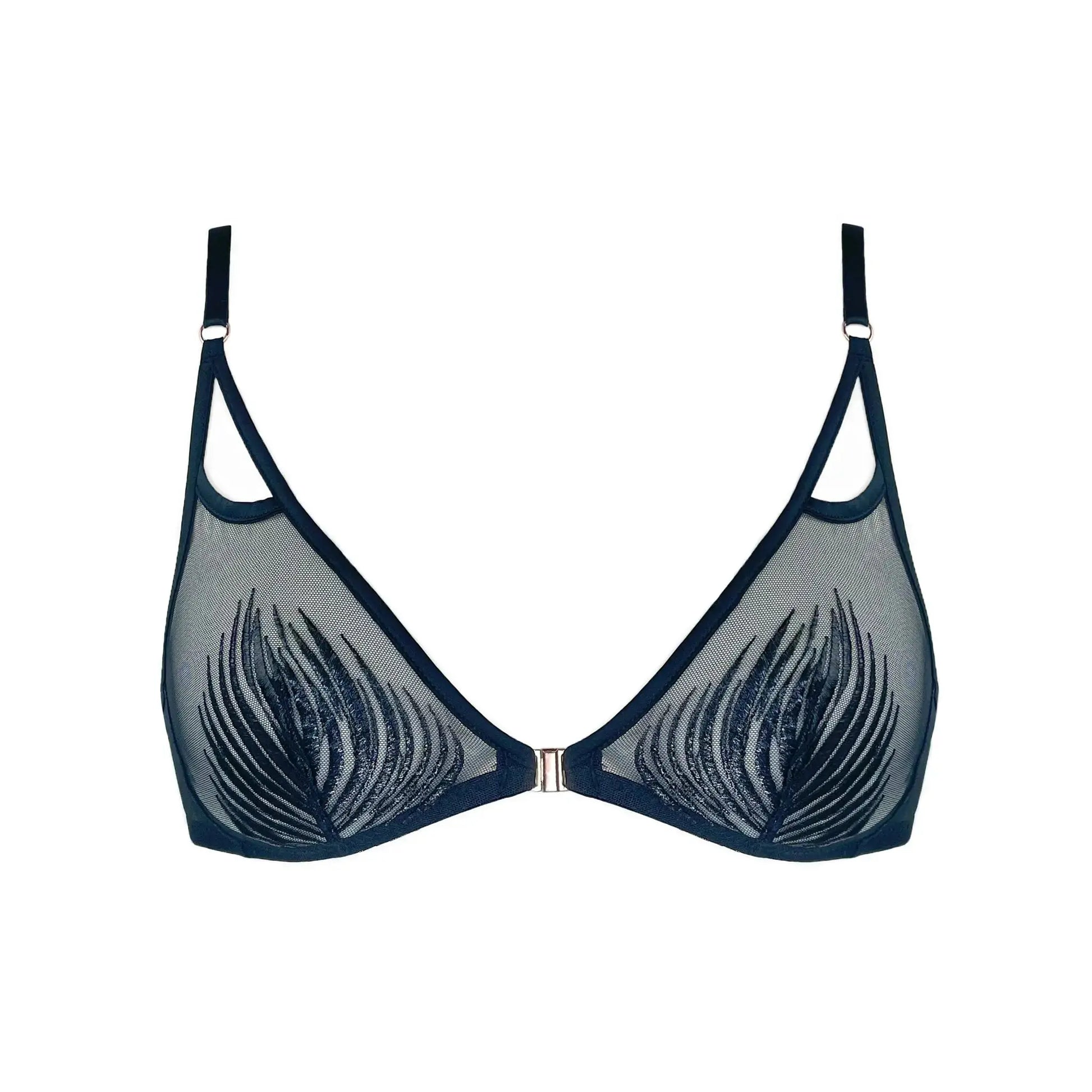 Black rigid tulle bralette with liquid shine effect embroidery with adjustable straps and front closure