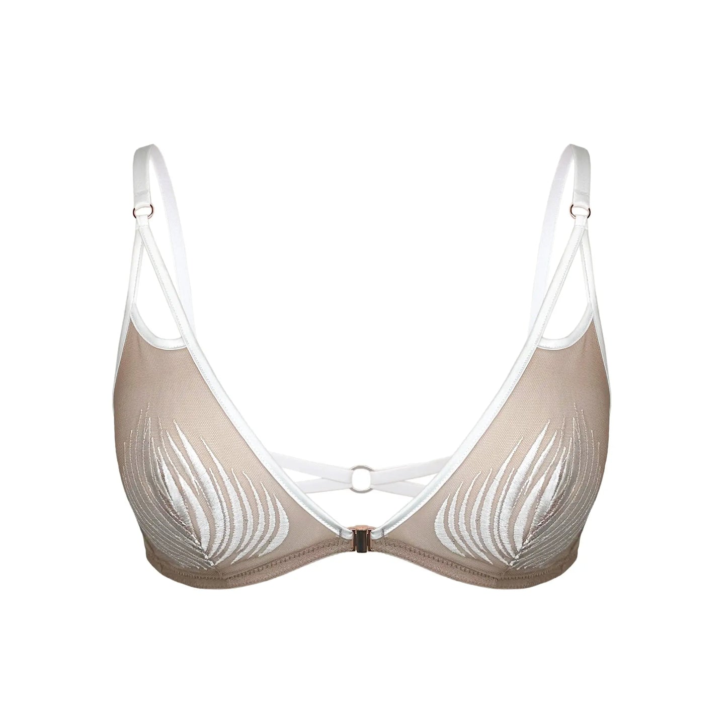White rigid tulle bralette with liquid shine effect embroidery with adjustable straps and front closure