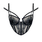 Black rigid tulle underwire bustier with liquid shine effect embroidery, adjustable straps