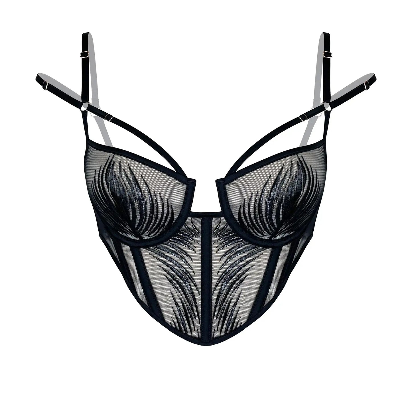 Black rigid tulle underwire bustier with liquid shine effect embroidery, adjustable straps
