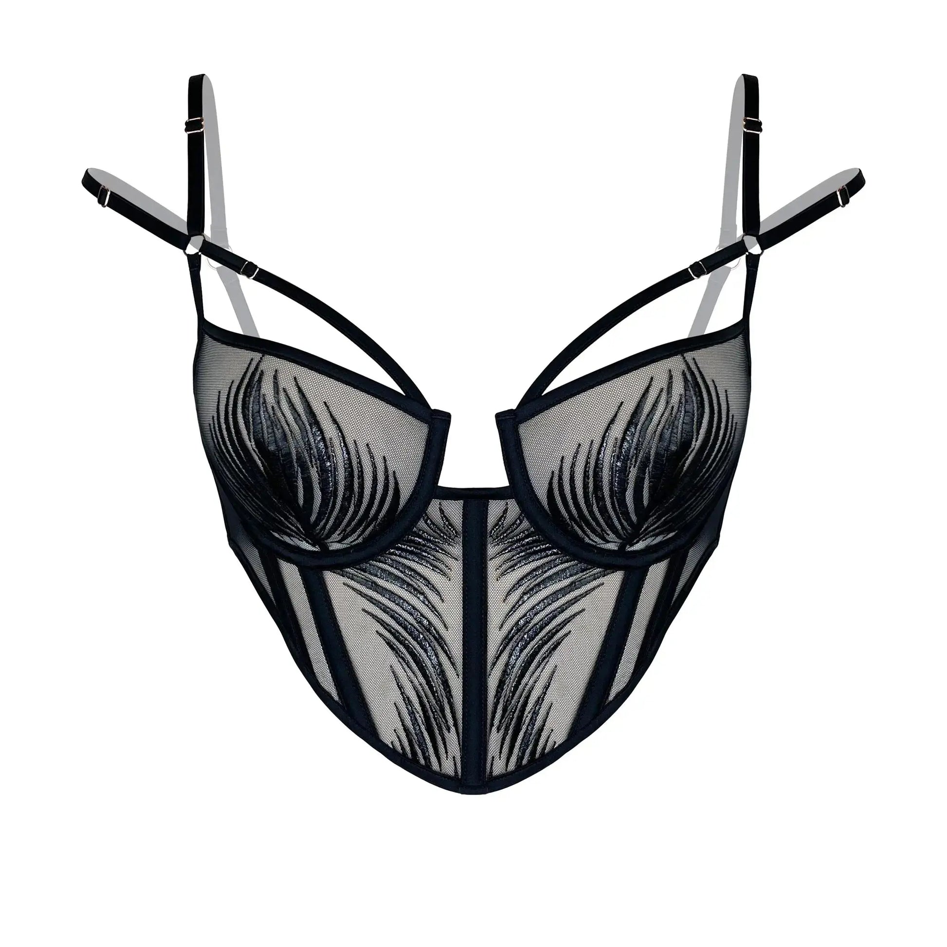 Black rigid tulle underwire bustier with liquid shine effect embroidery, adjustable straps