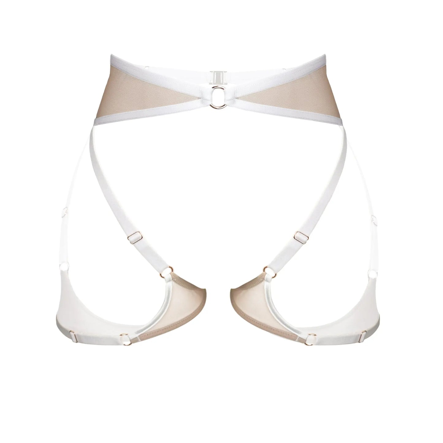 White mesh harness, fully adjustable in rise and contour with clasp back closure