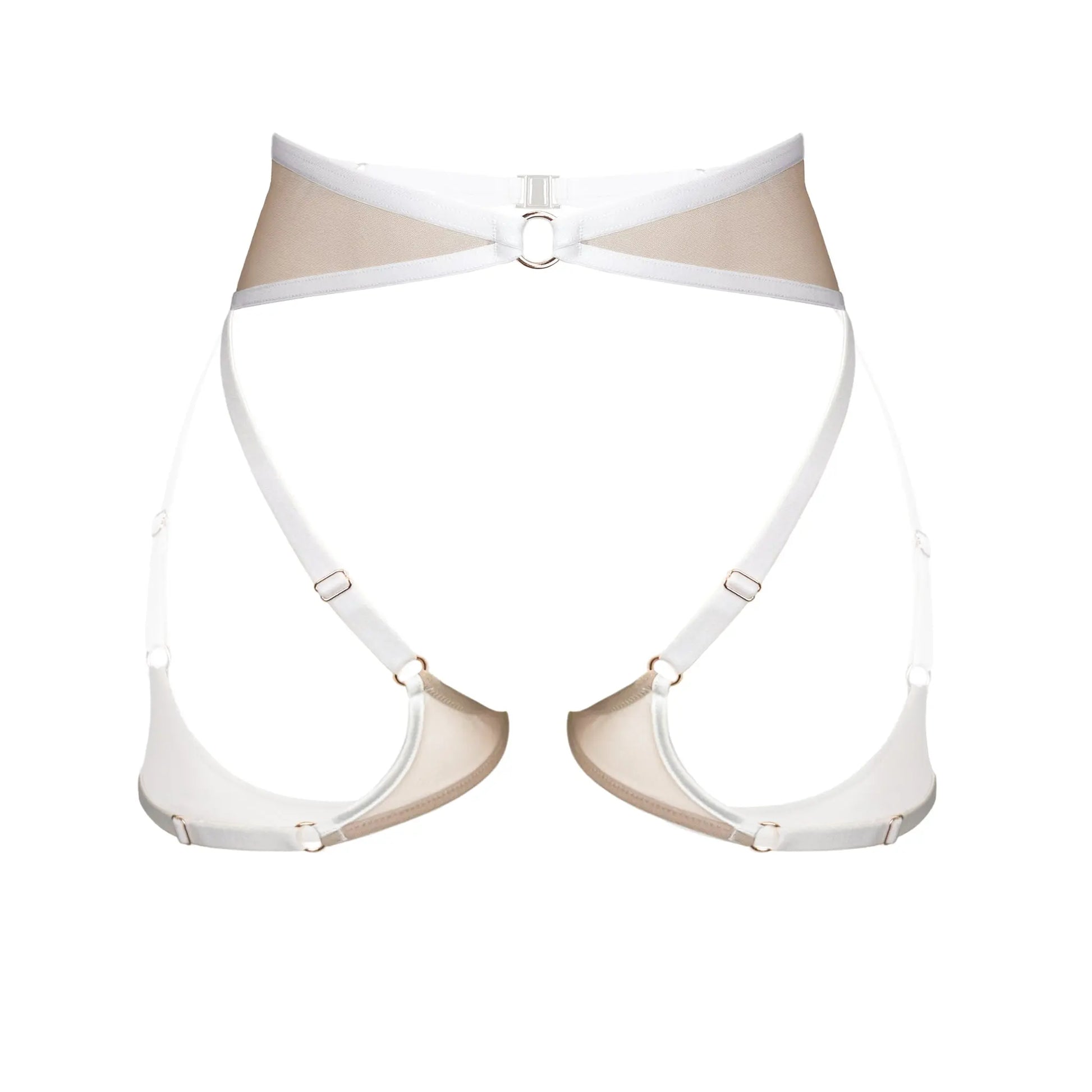 White mesh harness, fully adjustable in rise and contour with clasp back closure
