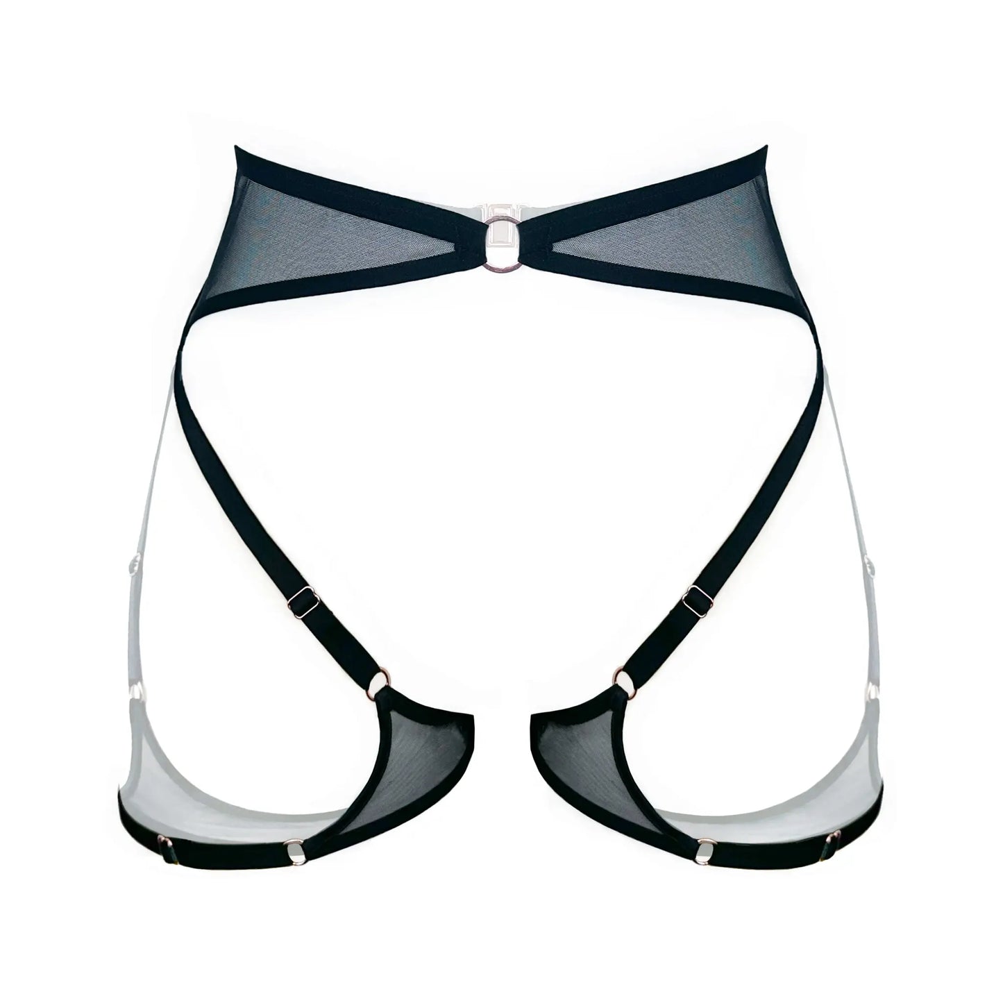 Black mesh harness, fully adjustable in rise and contour with clasp back closure