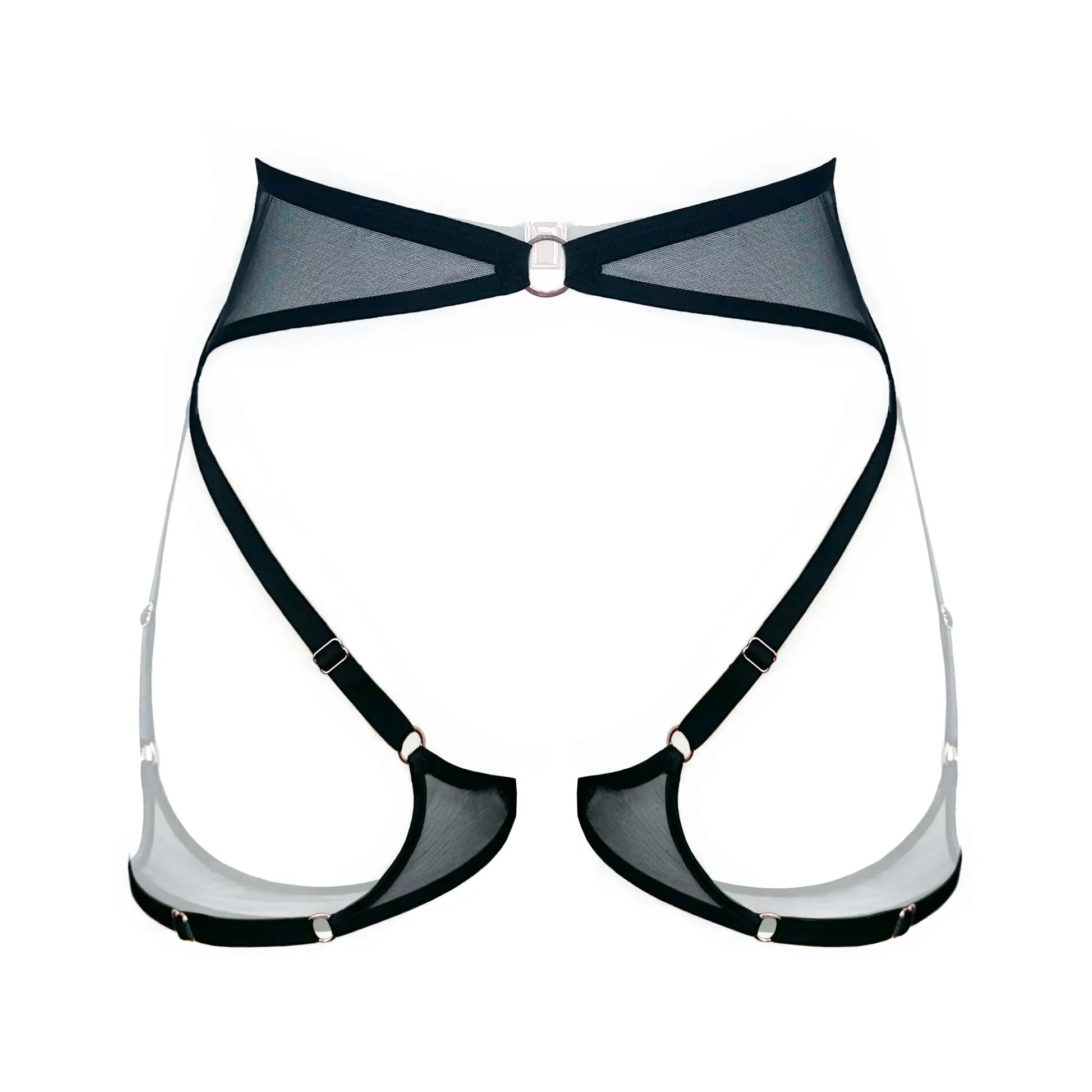 Black mesh harness, fully adjustable in rise and contour with clasp back closure