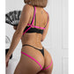 Black lace, underwire, high support bra with adjustable straps and back closure and Pink, soft-touch elastic full torso, fully adjustable body harness with triangular chain accent at neck