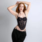 Black lace corset with flexible underwire, high support, adjustable straps and adjustable back clasp closure