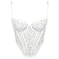 White lace corset with flexible underwire, high support, adjustable straps and adjustable back clasp closure