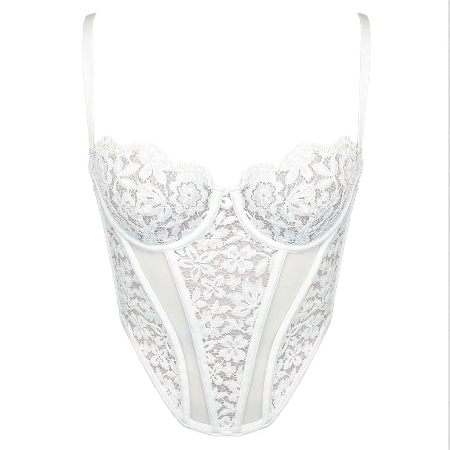 White lace corset with flexible underwire, high support, adjustable straps and adjustable back clasp closure