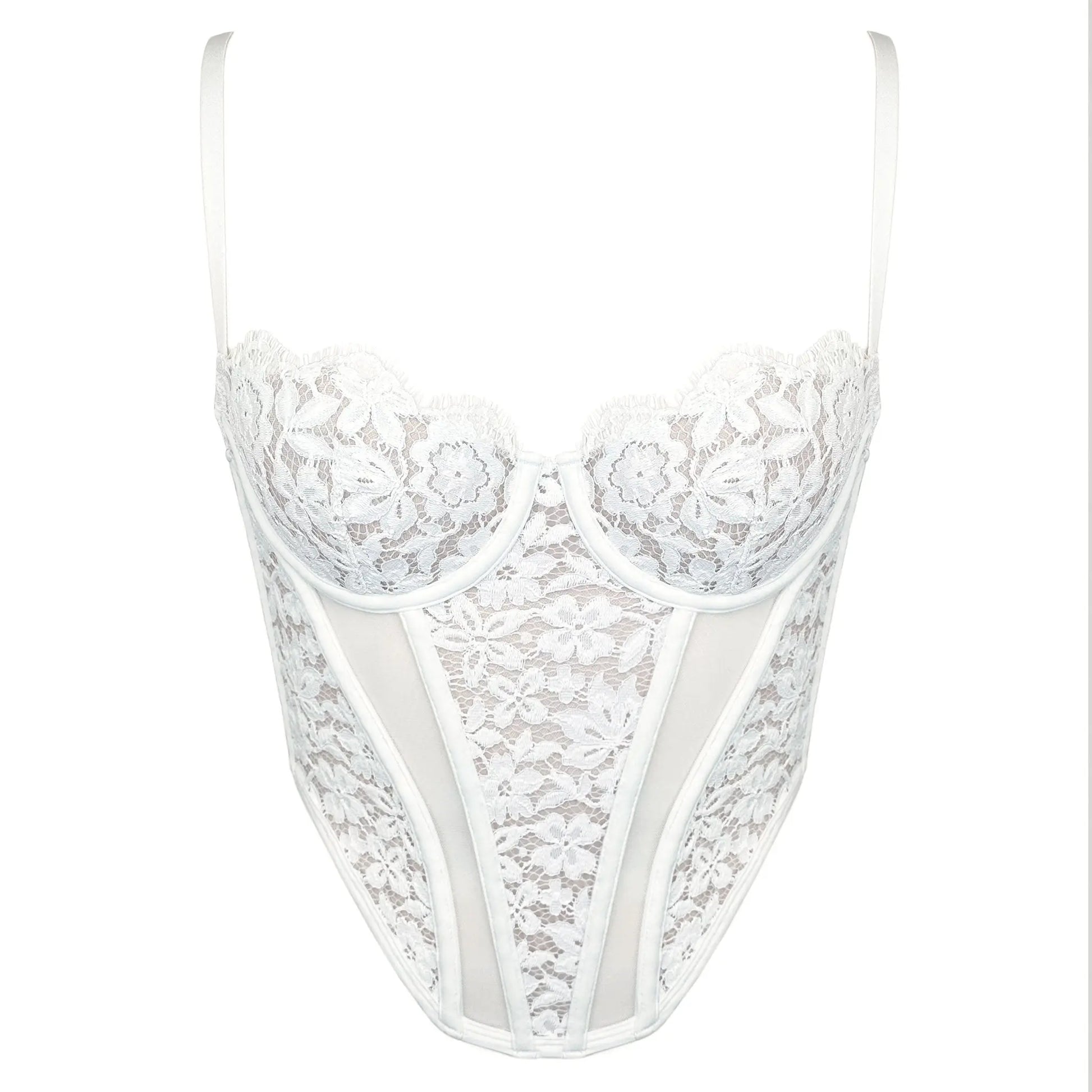 White lace corset with flexible underwire, high support, adjustable straps and adjustable back clasp closure