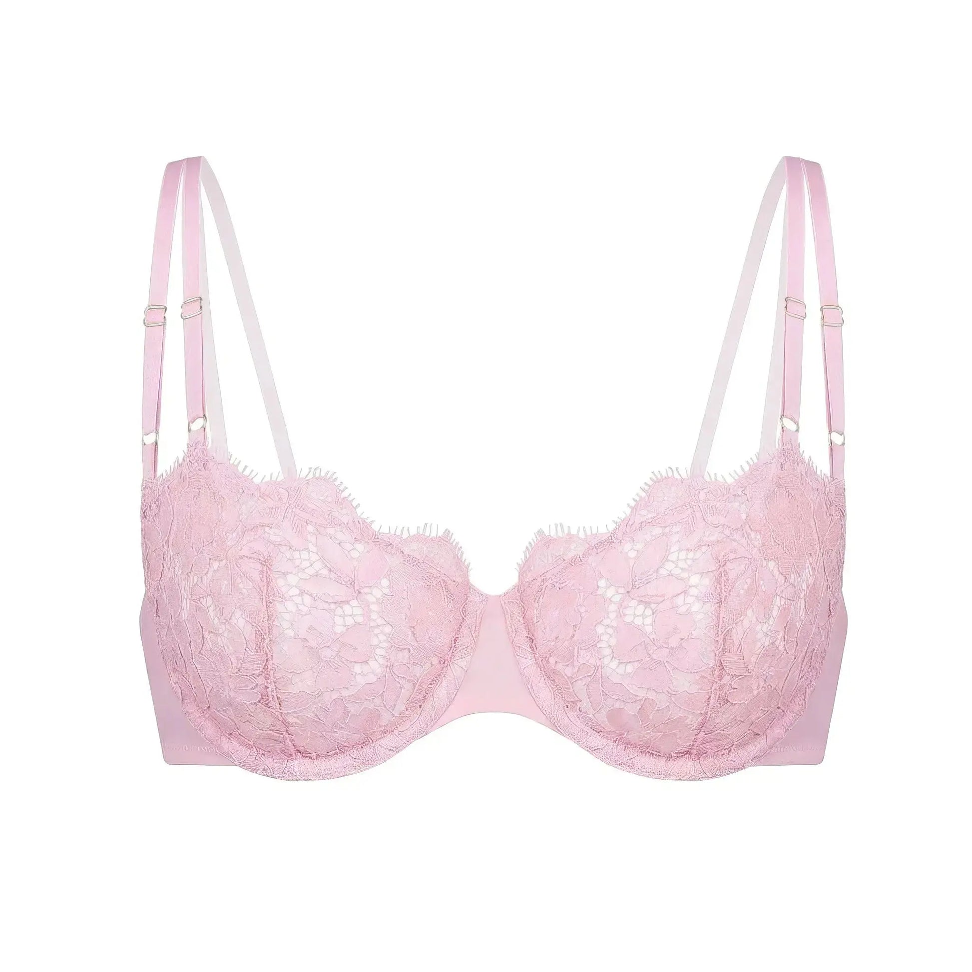 Pink lace, underwire, high support bra with adjustable straps and back closure