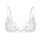 White lace triangle bralette with front closure and adjustable straps and back band