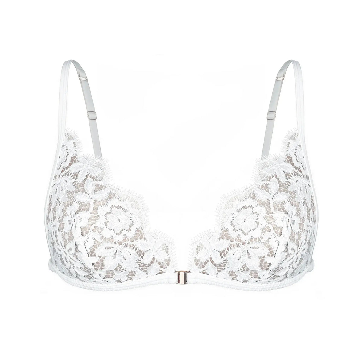 White lace triangle bralette with front closure and adjustable straps and back band