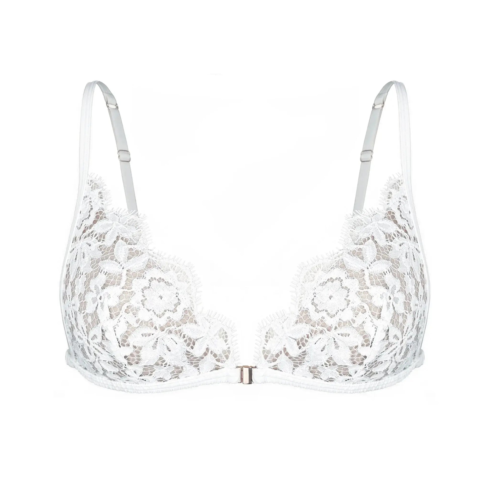 White lace triangle bralette with front closure and adjustable straps and back band