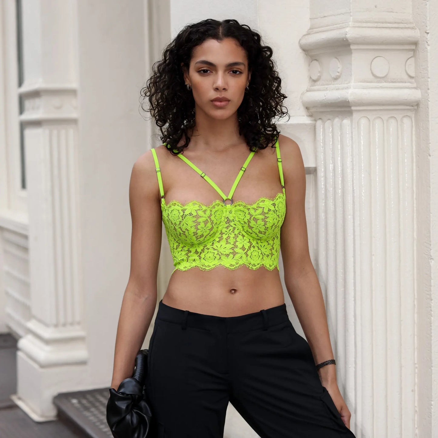 Model is 5'9" and wearing 32D/34C