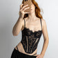 Black lace corset with flexible underwire, high support, adjustable straps and adjustable back clasp closure