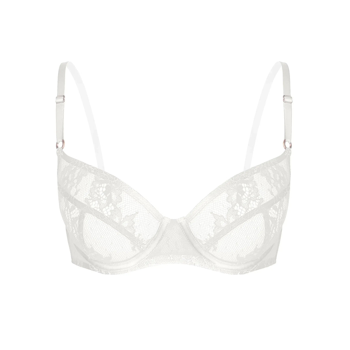 White ultra-fine floral lace balconette bra with flexible underwire, back closure and adjustable straps