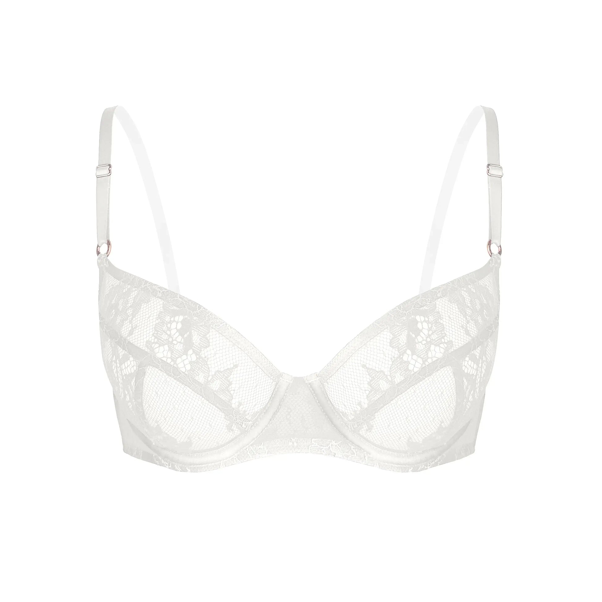 White ultra-fine floral lace balconette bra with flexible underwire, back closure and adjustable straps