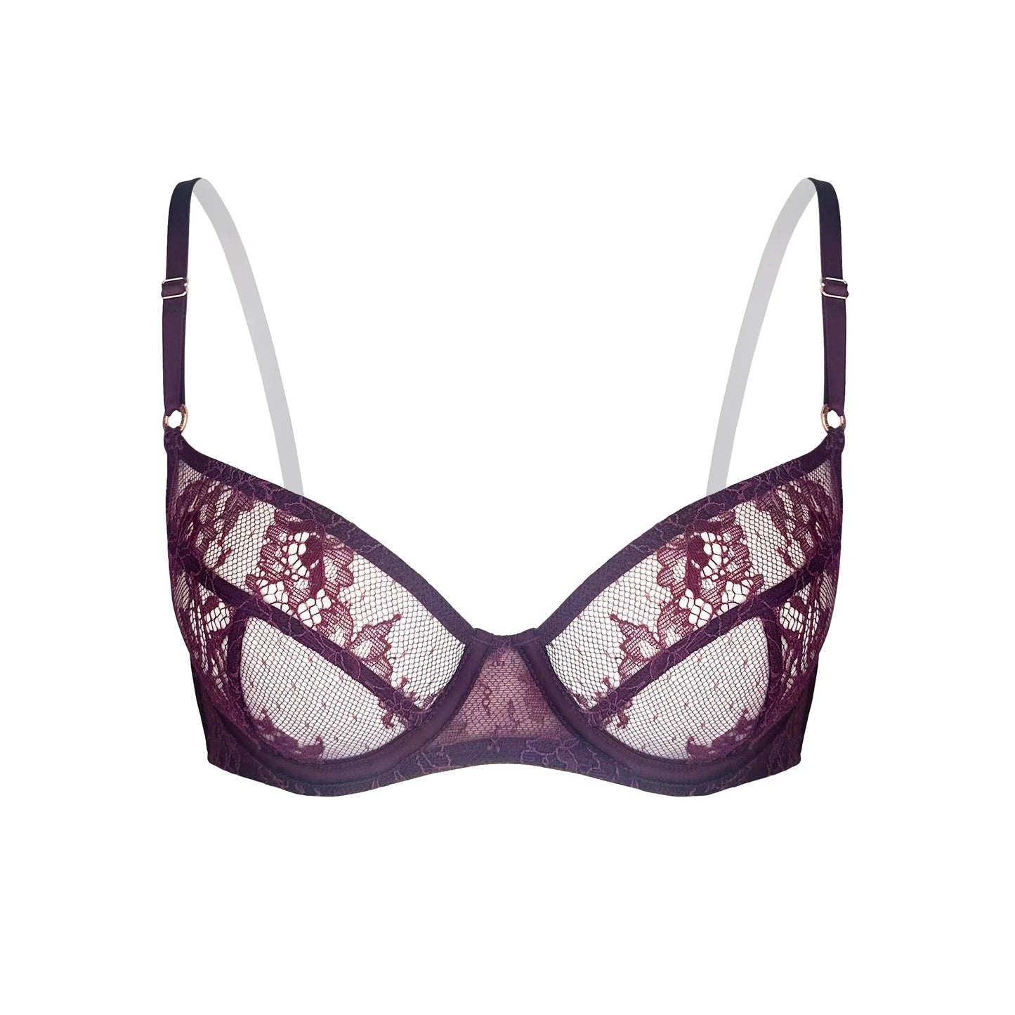 Burgundy ultra-fine floral lace balconette bra with flexible underwire, back closure and adjustable straps