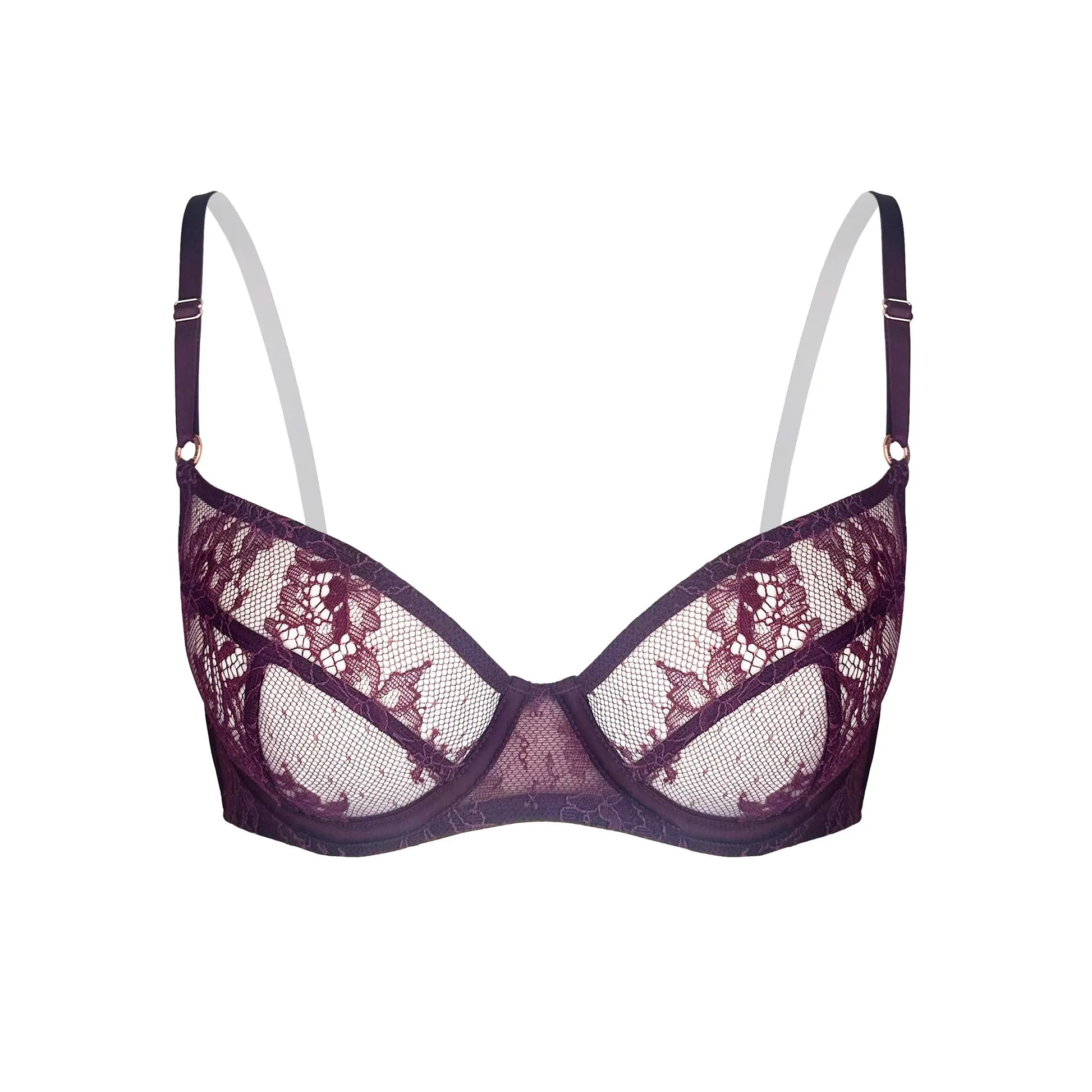 Burgundy ultra-fine floral lace balconette bra with flexible underwire, back closure and adjustable straps