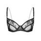 Black ultra-fine floral lace balconette bra with flexible underwire, back closure and adjustable straps
