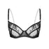 Black ultra-fine floral lace balconette bra with flexible underwire, back closure and adjustable straps