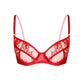 Red ultra-fine floral lace balconette bra with flexible underwire, back closure and adjustable straps