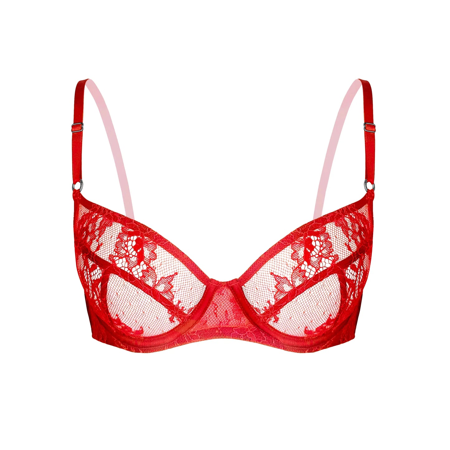 Red ultra-fine floral lace balconette bra with flexible underwire, back closure and adjustable straps