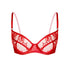 Red ultra-fine floral lace balconette bra with flexible underwire, back closure and adjustable straps