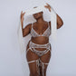 White ultra-fine floral lace balconette bra with flexible underwire, back closure and adjustable straps with matching bikini with corset-style lace up back and lace harness