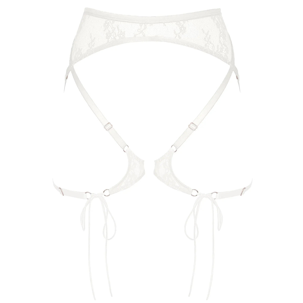 White ultra-fine lace harness with waist clasp, adjustable straps and detachable mini-tie