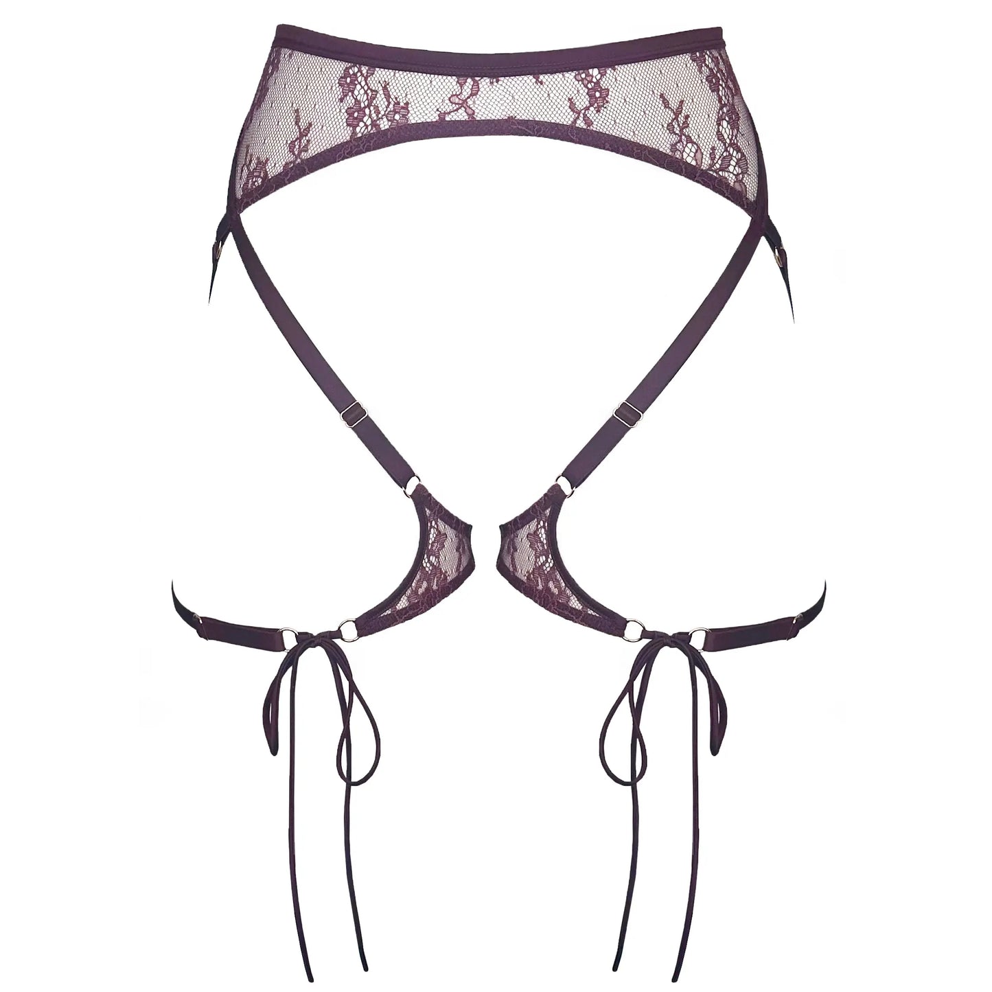 Burgundy ultra fine lace harness with waist clasp, adjustable straps and detachable mini-tie
