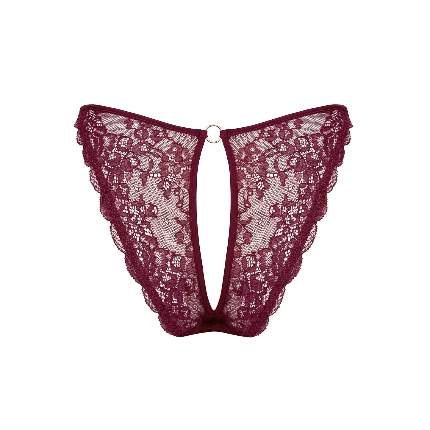 Burgundy stretch lace bikini with cutout design in back and adjustable side straps