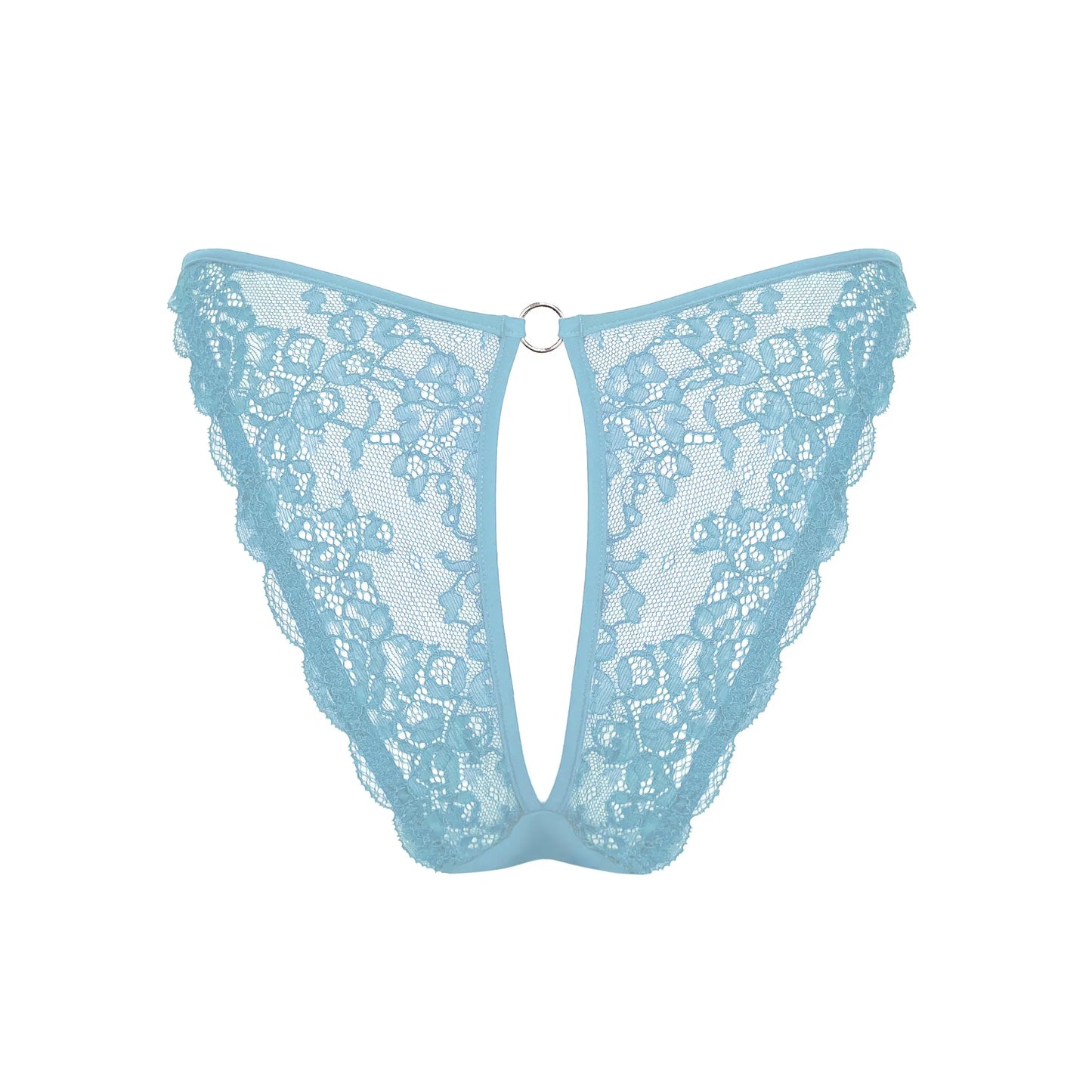 Blue stretch lace bikini with cutout design in back and adjustable side strap