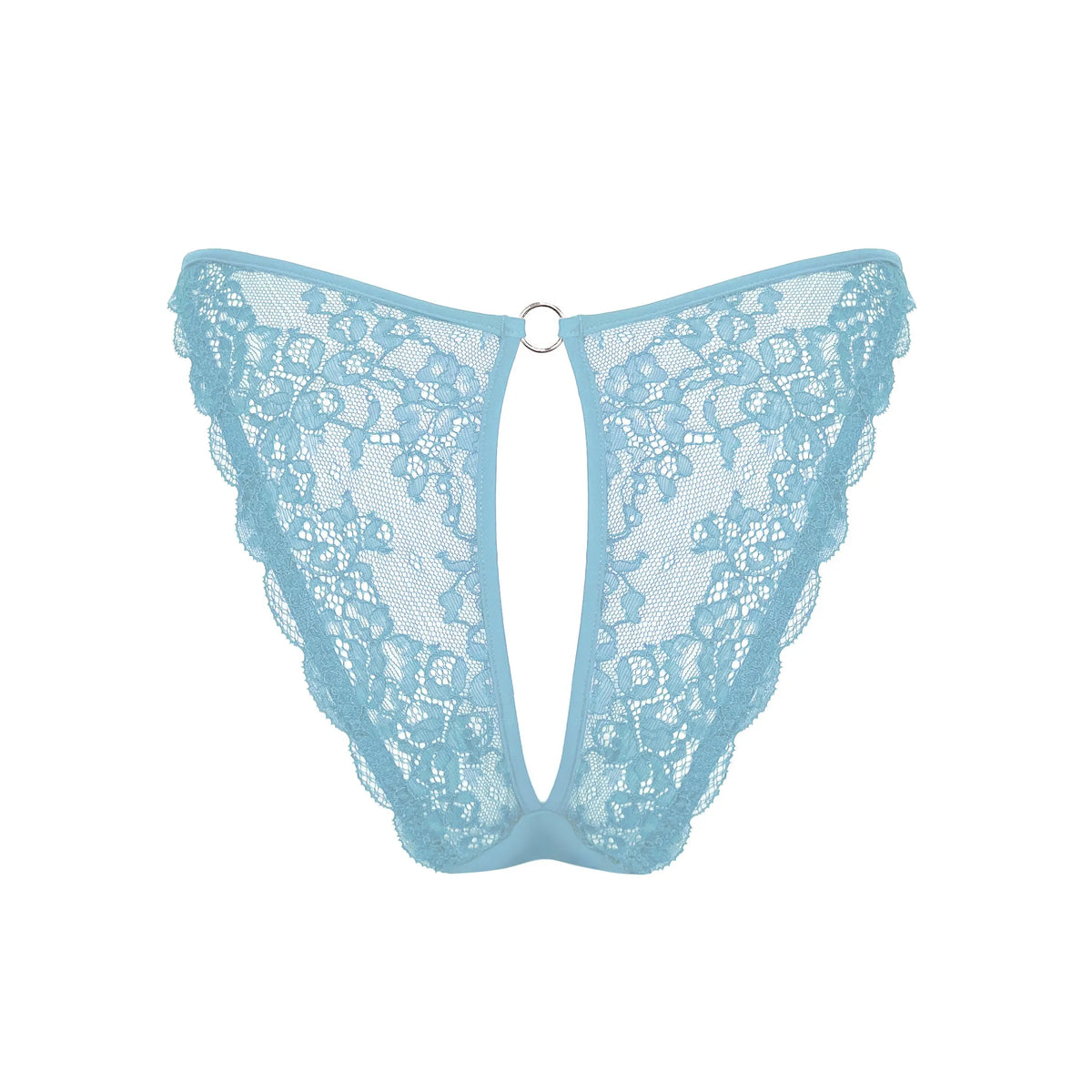 Blue stretch lace bikini with cutout design in back and adjustable side strap