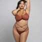 Brown stretch lace bikini with cutout design in back and adjustable side strap and matching wired bralette with back closure