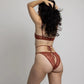 Brown stretch lace bikini with cutout design in back and adjustable side strap and matching wired bralette with back closure