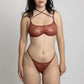 Brown stretch lace bikini with cutout design in back and adjustable side strap and matching wired bralette with back closure
