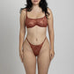 Brown stretch lace thong with a low rise and adjustable waist elastics and matching wired bralette with back closure
