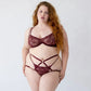 Burgundy stretch lace low rise thong with adjustable waist elastic