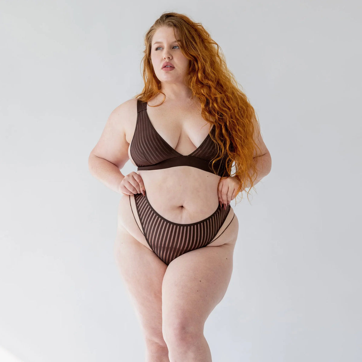 Brown opaque on sheer striped microfiber plunge bralette, pull-on style with wide underbust elastic band