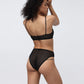 Black opaque on sheer striped microfiber bralette, pull on style with medium support
